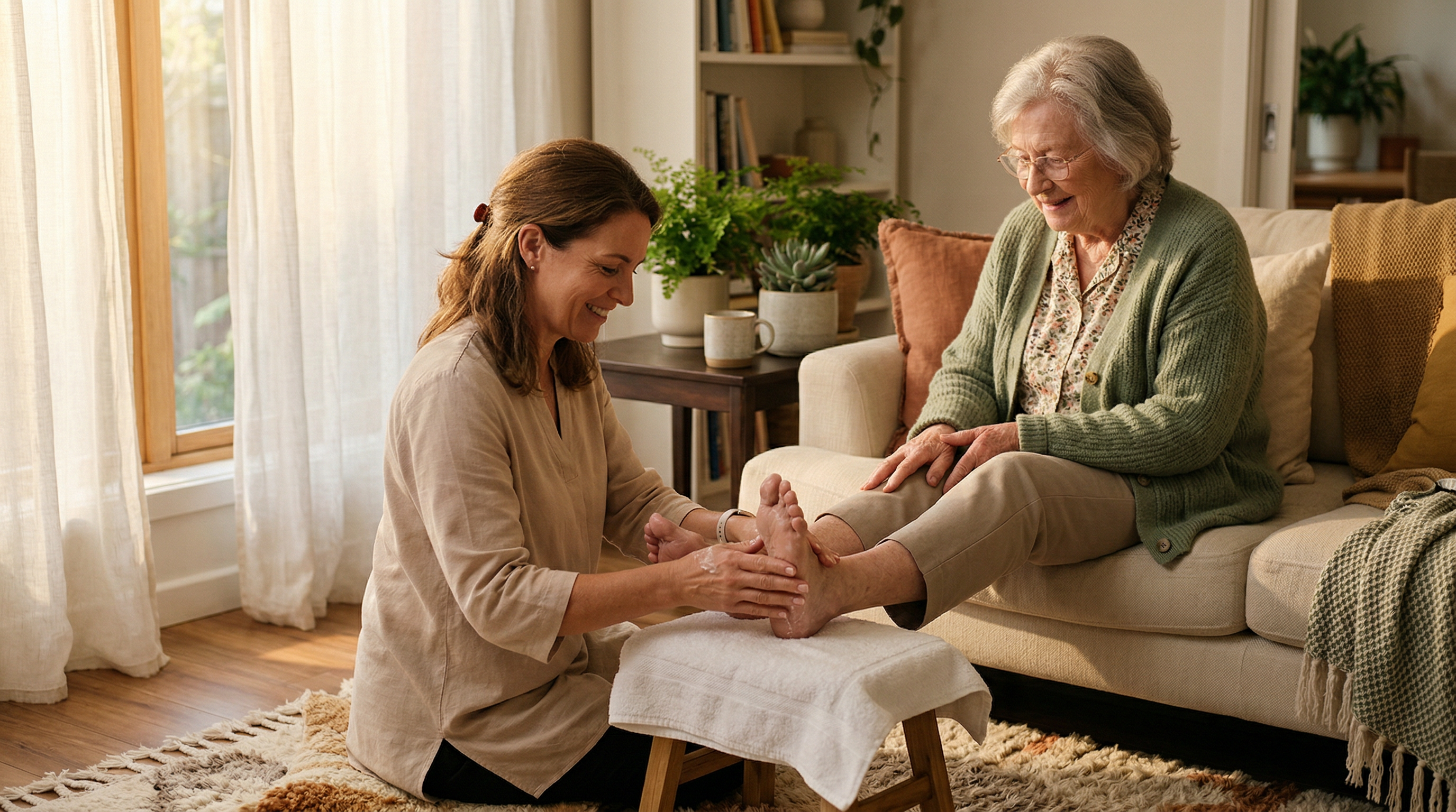 A caregiver providing gentle foot care to a senior in their home