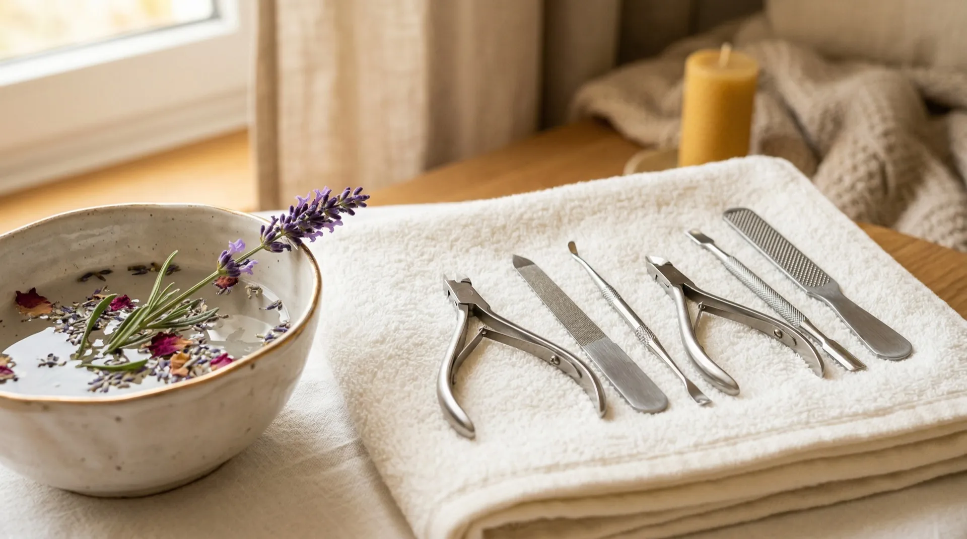 Sterilized foot care instruments laid out on a fresh towel beside a lavender foot soak